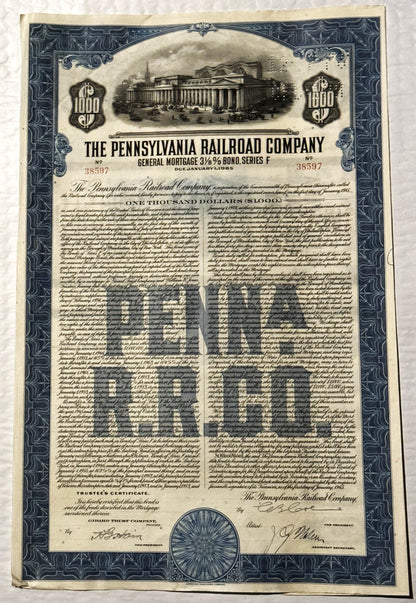 Vintage 1945 Pennsylvania Railroad General Mortgage Bond certificate with ornate border, Penn Station vignette, and signature