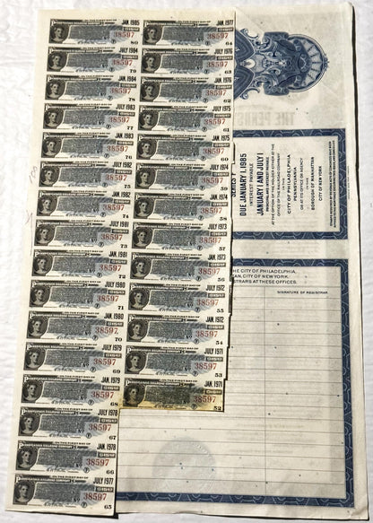 Vintage Pennsylvania Railroad bond certificate with multiple coupons dated 1971-1985, showing portrait vignette