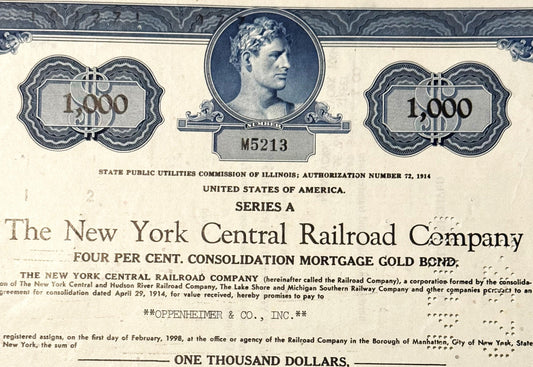 Antique 1913 New York Central Railroad 1000 Gold Bond Certificate, Consolidation Mortgage Series A, American Bank Note Co. 📜