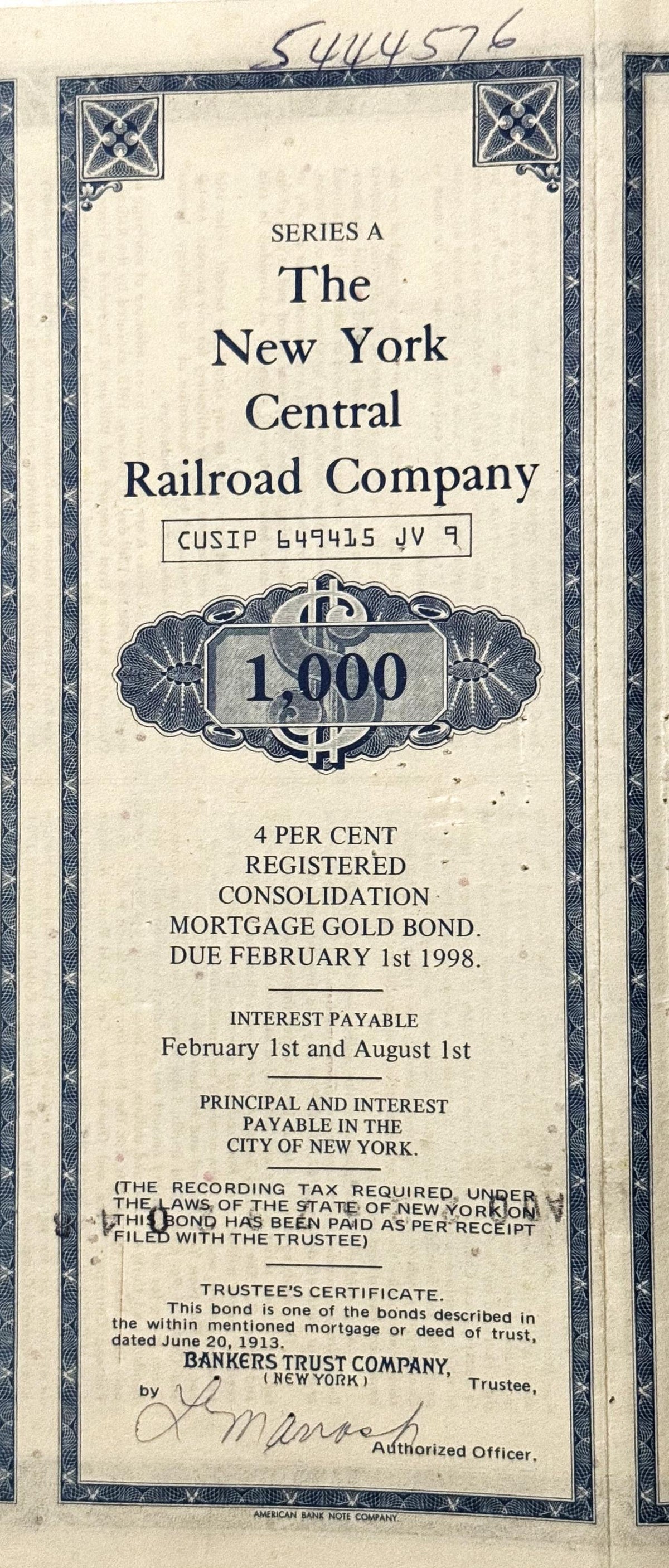 Antique 1913 New York Central Railroad $1,000 gold bond certificate with ornate blue border and decorative corner elements, f
