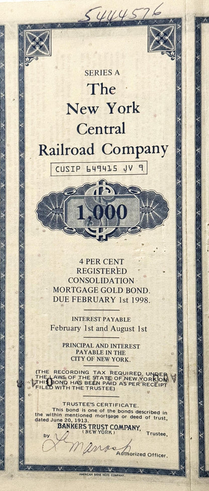Antique 1913 New York Central Railroad $1,000 gold bond certificate with ornate blue border and decorative corner elements, f