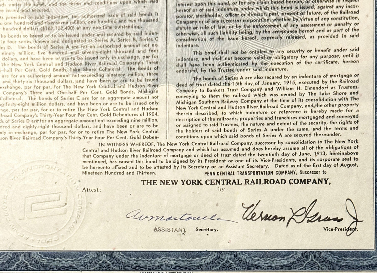Close-up of lower portion of 1913 New York Central Railroad bond certificate showing typed text, signature lines for Assistan