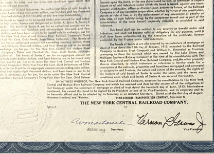 Close-up of lower portion of 1913 New York Central Railroad bond certificate showing typed text, signature lines for Assistan