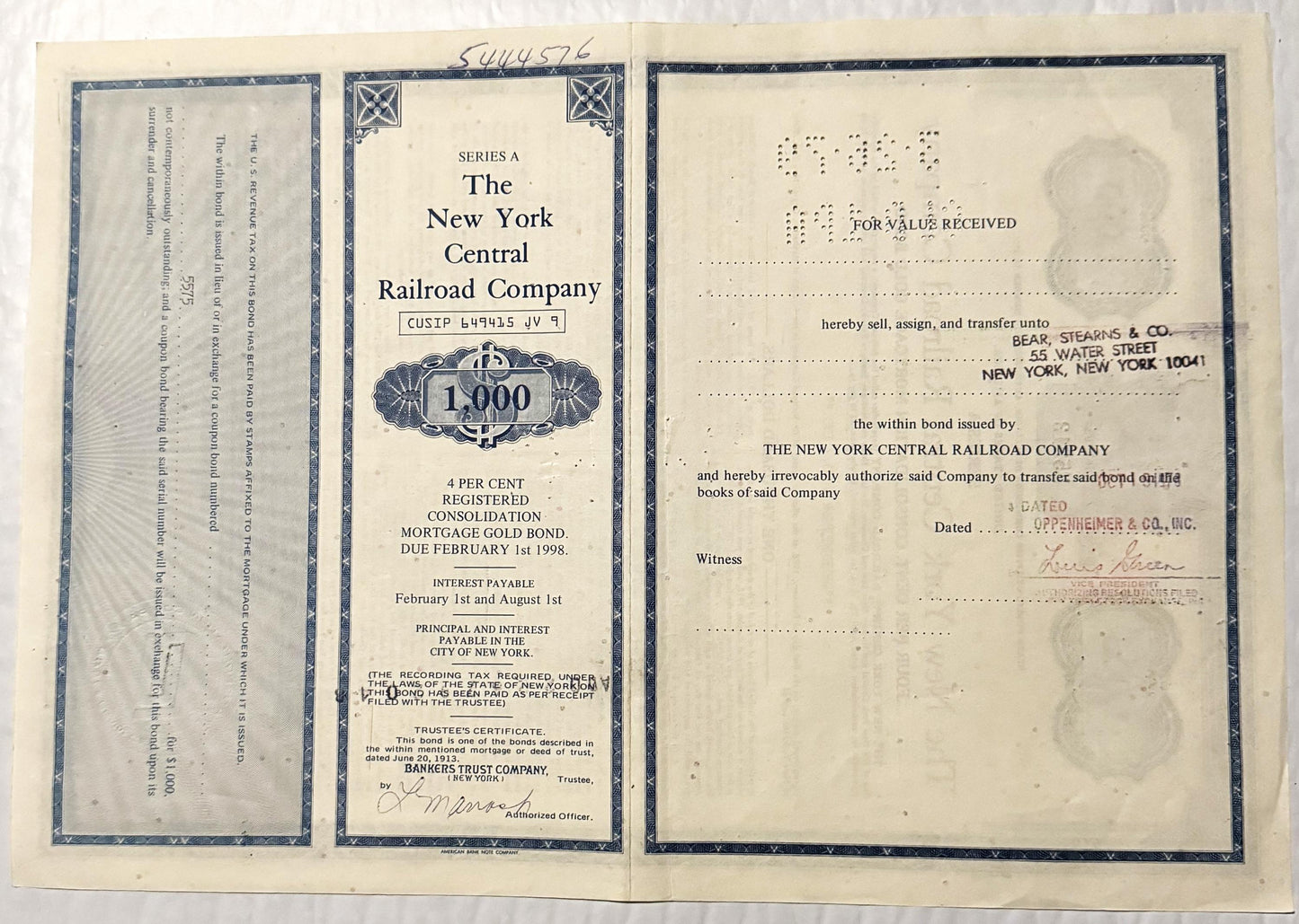 Three pages of a 1913 New York Central Railroad 1,000 gold bond certificate with ornamental borders, showing front cover, bon