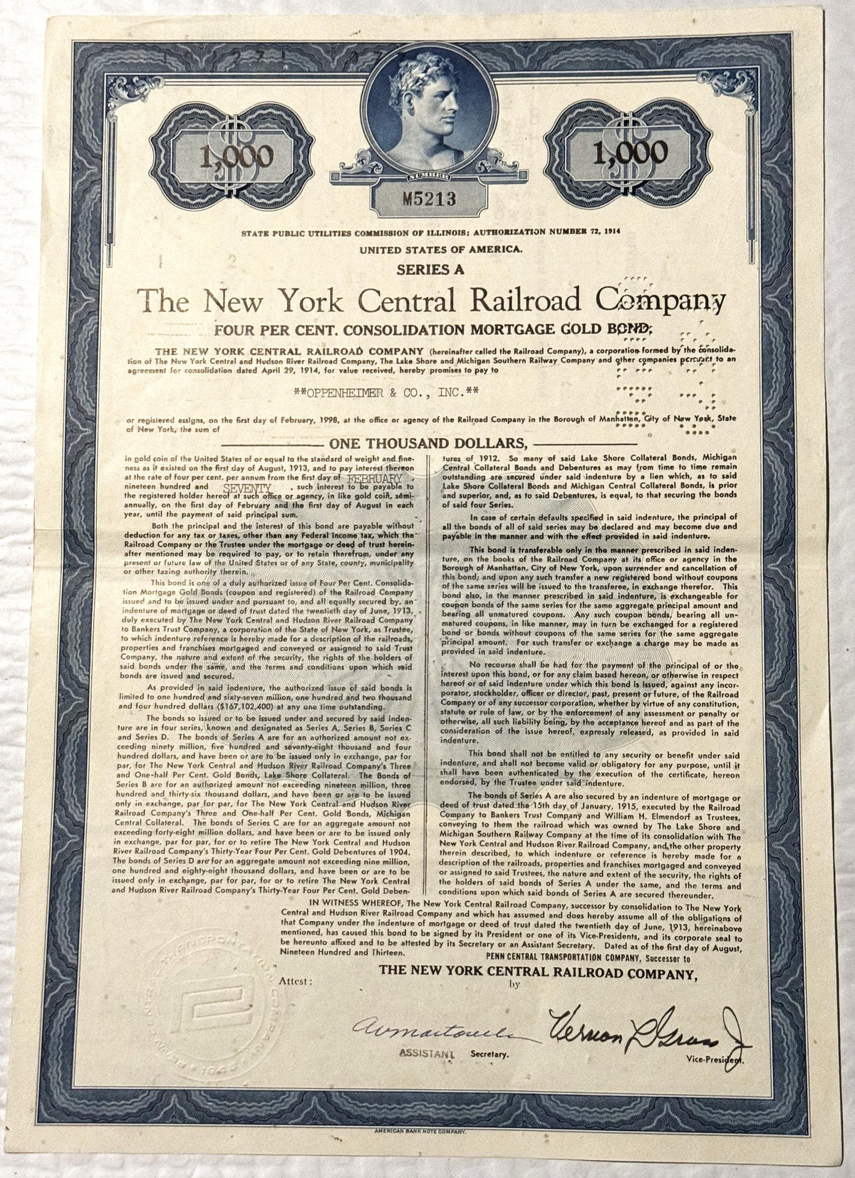 Antique 1913 New York Central Railroad $1,000 gold bond certificate with classical portrait and ornate blue border on aged cr