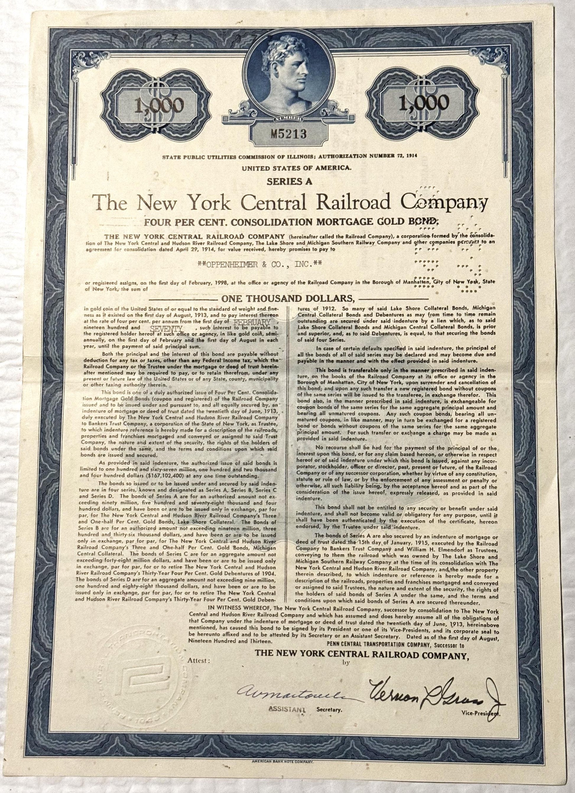 Antique 1913 New York Central Railroad $1,000 gold bond certificate with classical portrait and ornate blue border on aged cr