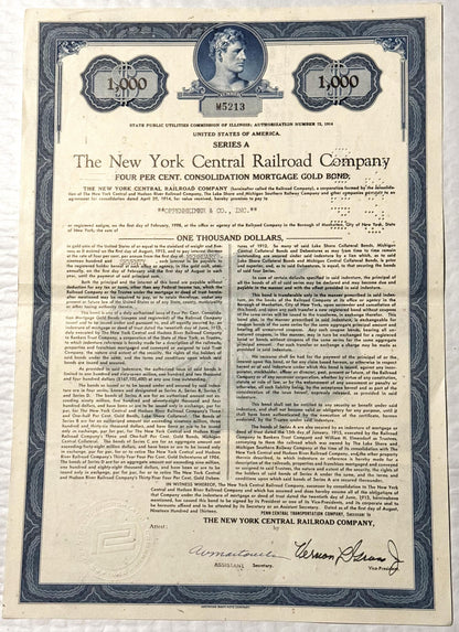 Antique 1913 New York Central Railroad $1,000 gold bond certificate with classical portrait and ornate blue border on aged cr