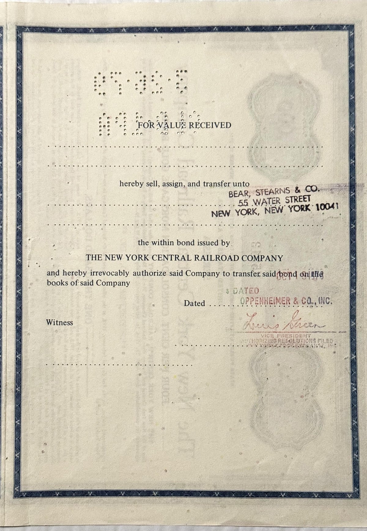 Aged 1913 New York Central Railroad $1000 gold bond certificate with ornate border, printed text, and embossed seals, bearing