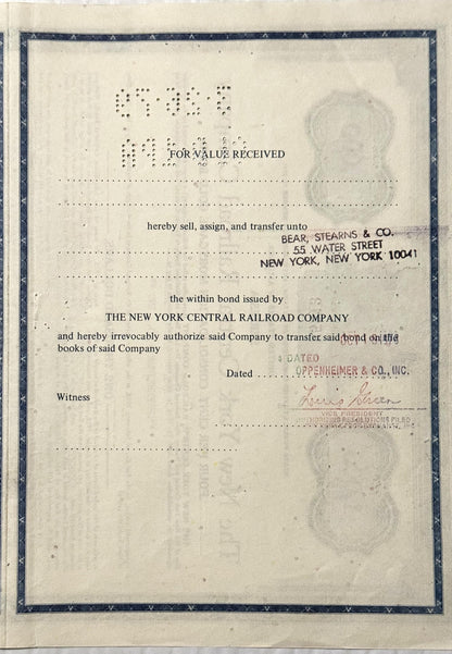 Aged 1913 New York Central Railroad $1000 gold bond certificate with ornate border, printed text, and embossed seals, bearing