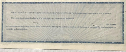 Close-up of text section from 1913 New York Central Railroad bond certificate detailing coupon bondfor $1,000 wi
