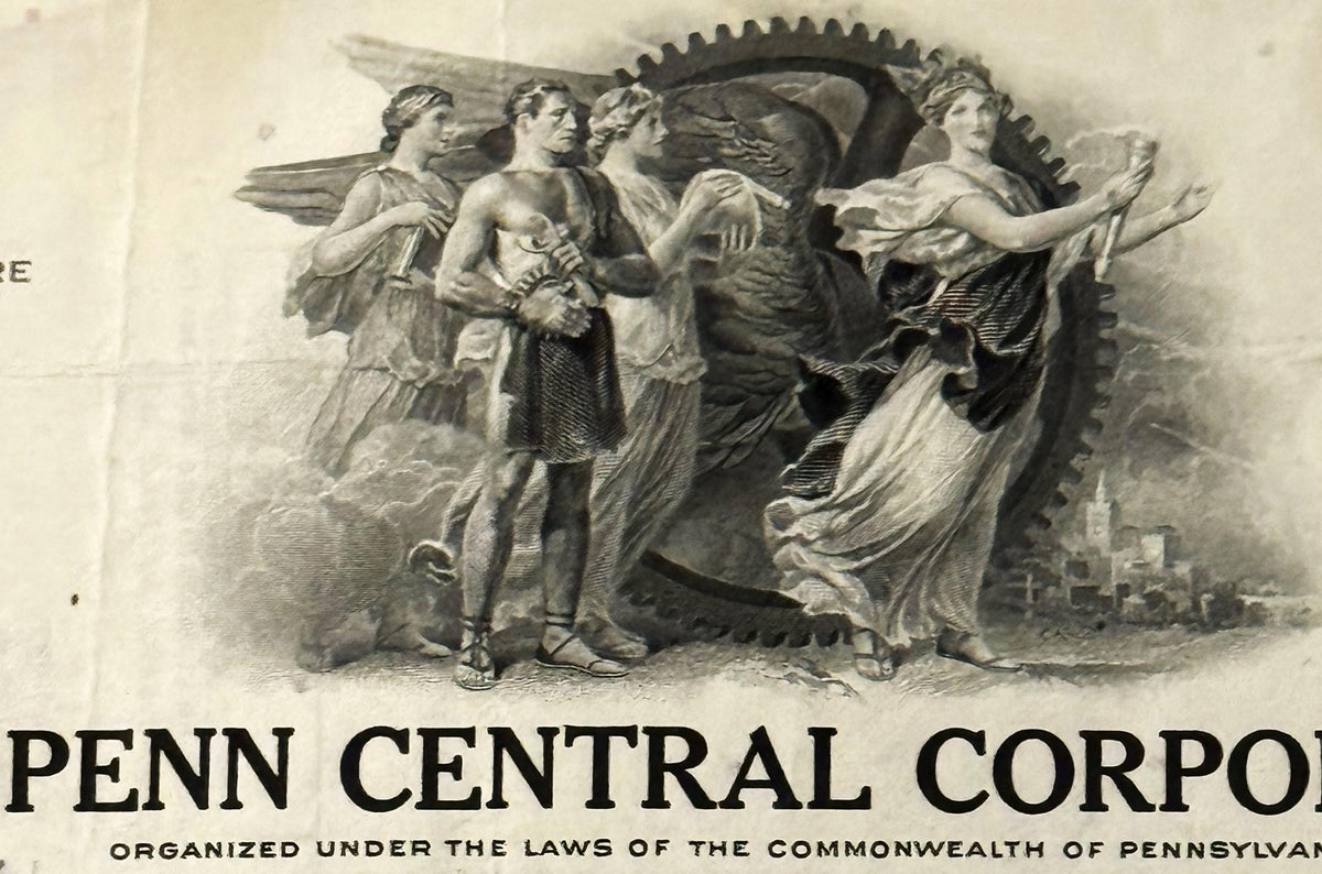 Vintage engraving of five classical figures in robes with large gear wheel, labeled "PENN CENTRAL CORPO" at bottom on aged pa