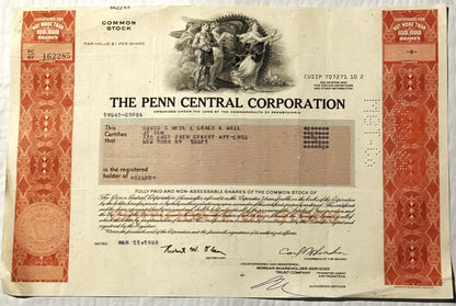 Vintage Penn Central Corporation stock certificate from with ornate red borders, central engraving of classical figures