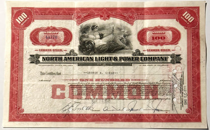 Vintage red and cream stock certificate for North American Light & Power Company dated March