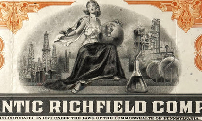 Vintage stock certificate header with engraved woman in flowing cape amid oil derricks and industrial refinery, ornate orange
