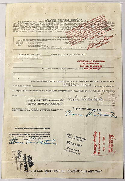 Vintage Atlantic Richfield Company stock certificate from with red stamps, signatures, and handwritten annotations on ag