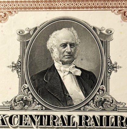 Engraved portrait of a bearded man in formal 19th-century attire within ornate oval frame, with "CENTRAL RAILROAD" text visib