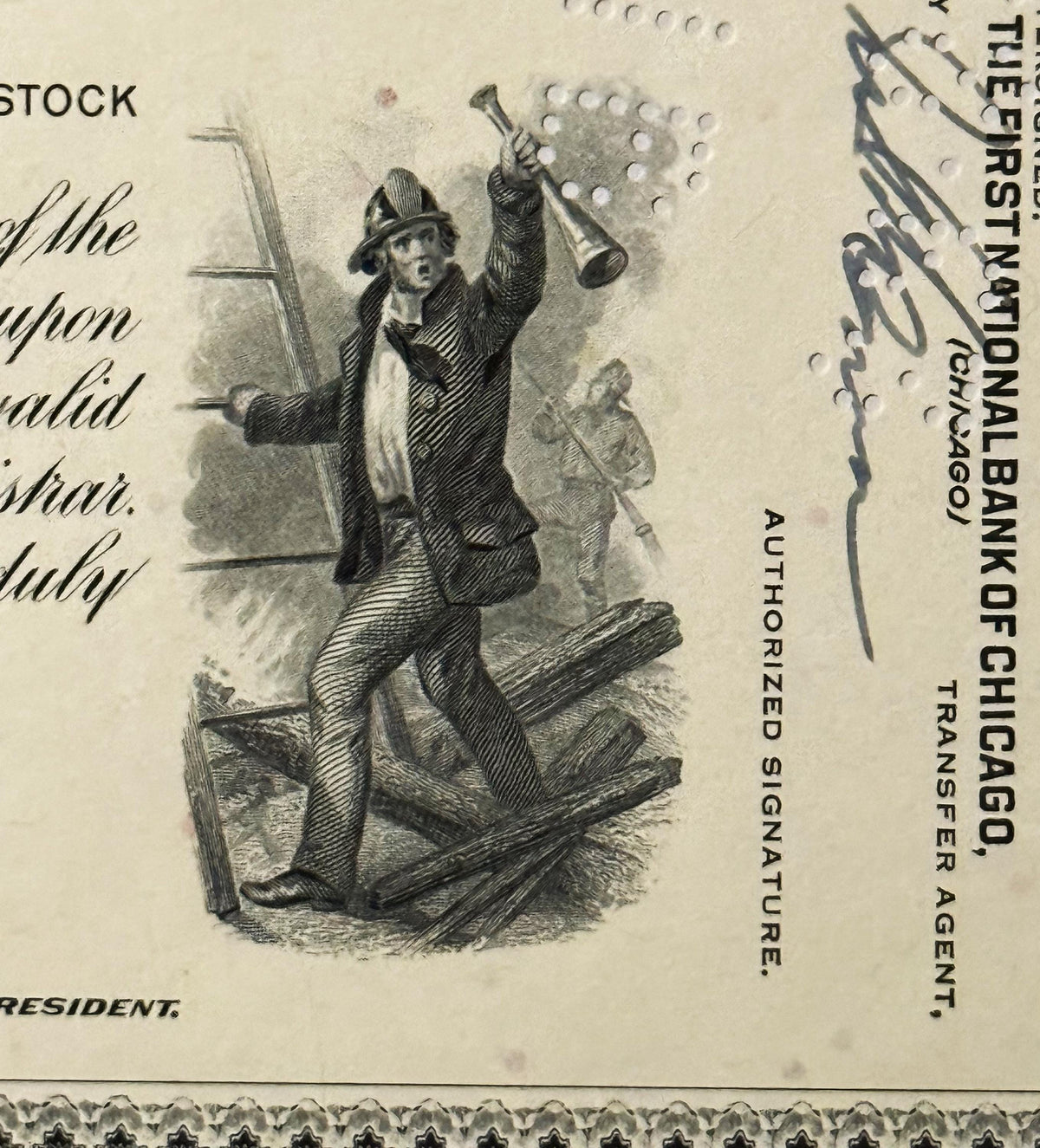 Vintage stock certificate featuring engraved illustration of man in formal attire holding trumpet and surveying equipment on 
