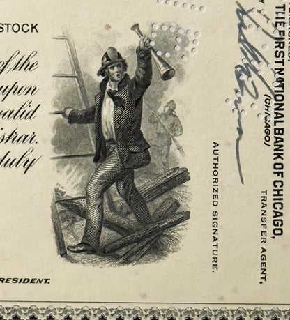 Vintage stock certificate featuring engraved illustration of man in formal attire holding trumpet and surveying equipment on 