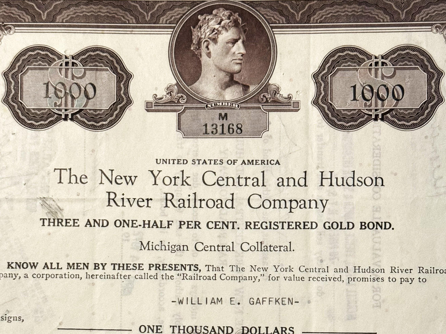 Sepia-toned 1900 railroad bond certificate from New York Central & Hudson River Railroad Company for one thousand dollars, fe