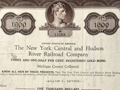 Sepia-toned 1900 railroad bond certificate from New York Central & Hudson River Railroad Company for one thousand dollars, fe