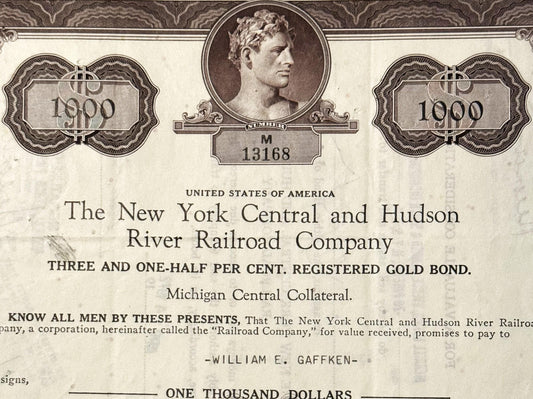 New York Central & Hudson River Railroad 3.5% Registered Gold Bond Penn Central Era Michigan Central Collateral Vintage 📜