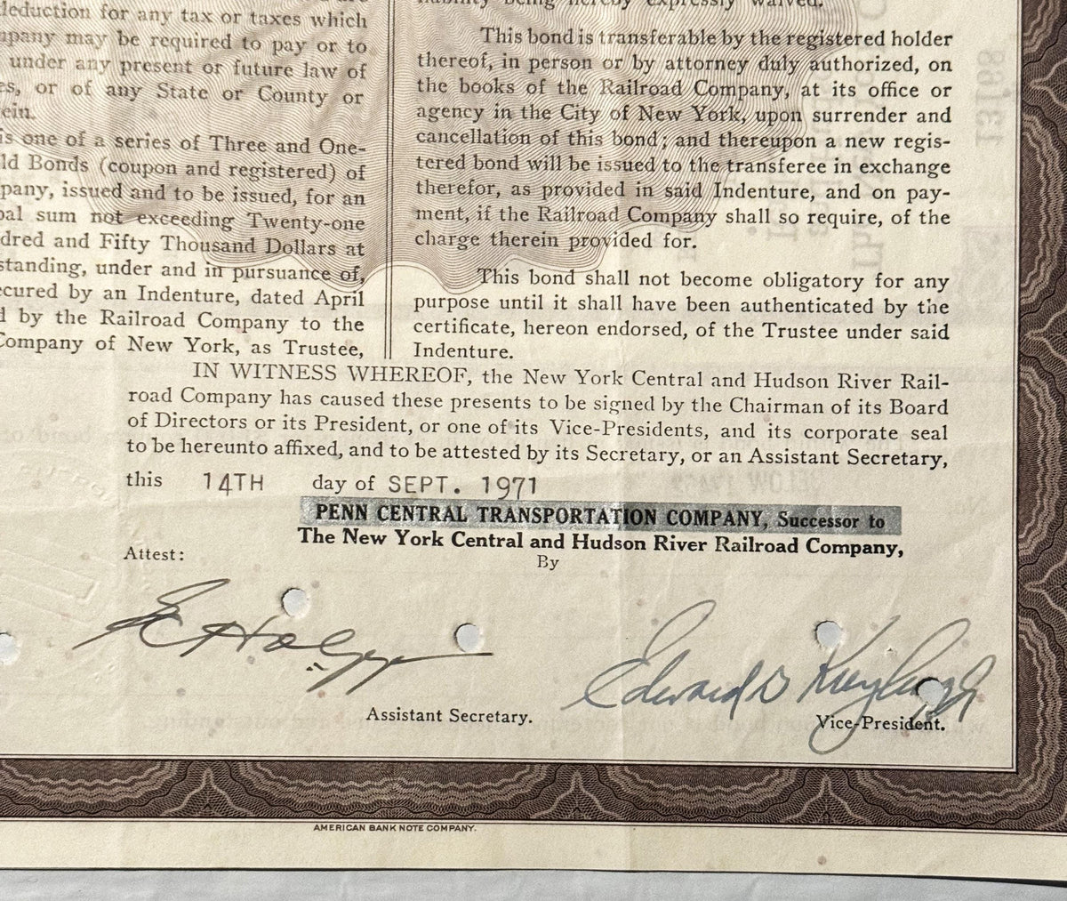 Close-up of bond certificate signature block dated September 14, 1971, showing Penn Central Transportation Company as success
