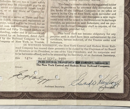 Close-up of bond certificate signature block dated September 14, 1971, showing Penn Central Transportation Company as success