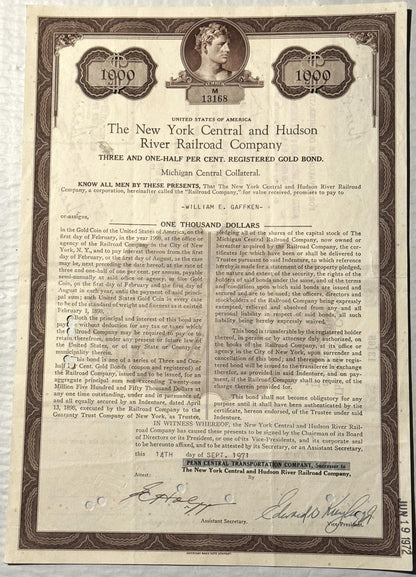 Ornate vintage railroad bond certificate for $1000 from New York Central and Hudson River Railroad Company, dated September 1