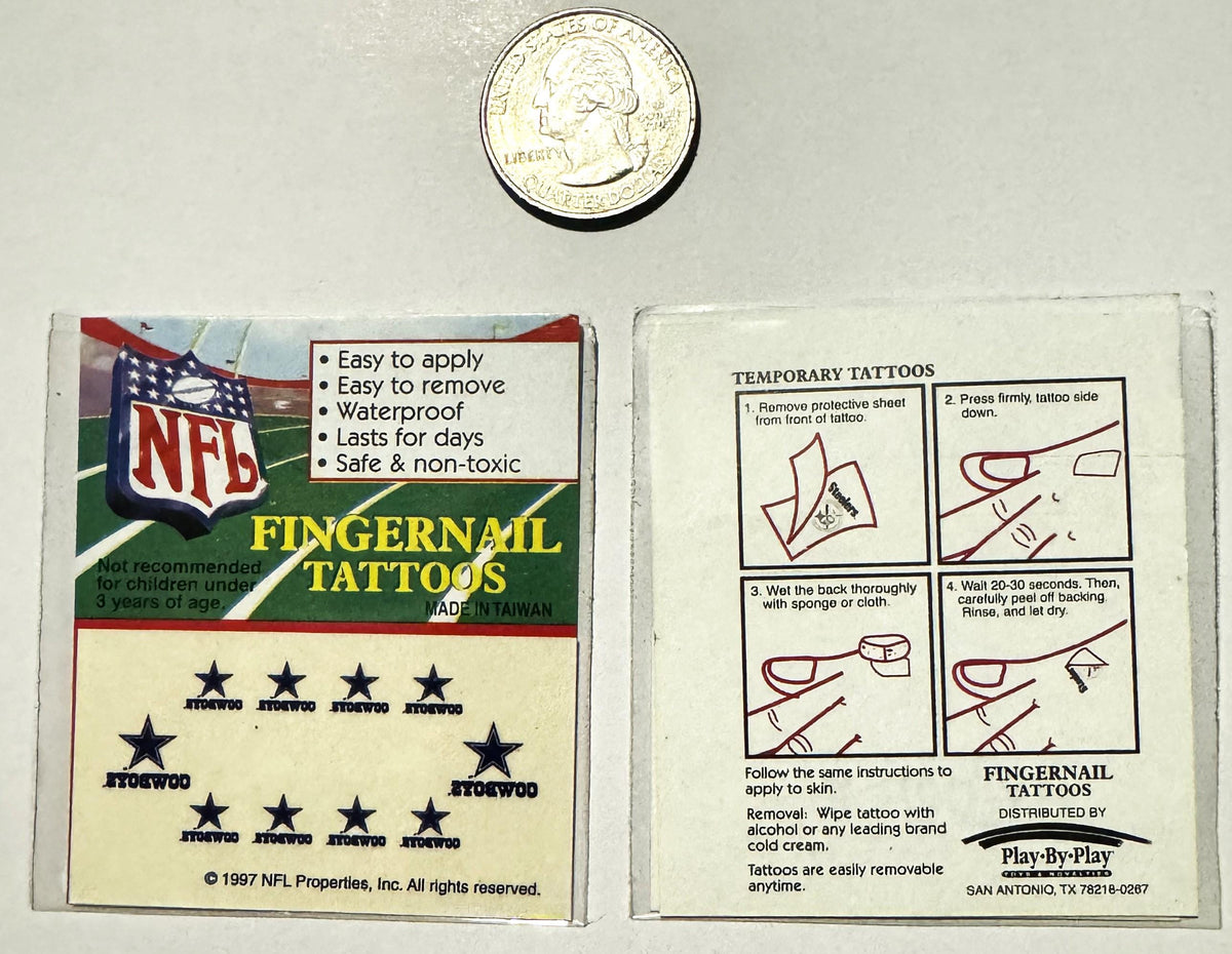 Vintage 1997 NFL fingernail tattoos packaging with instruction sheet, shown with quarter for scale against white background.
