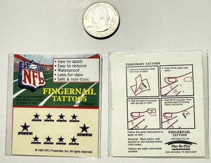 Vintage 1997 NFL fingernail tattoos packaging with instruction sheet, shown with quarter for scale against white background.