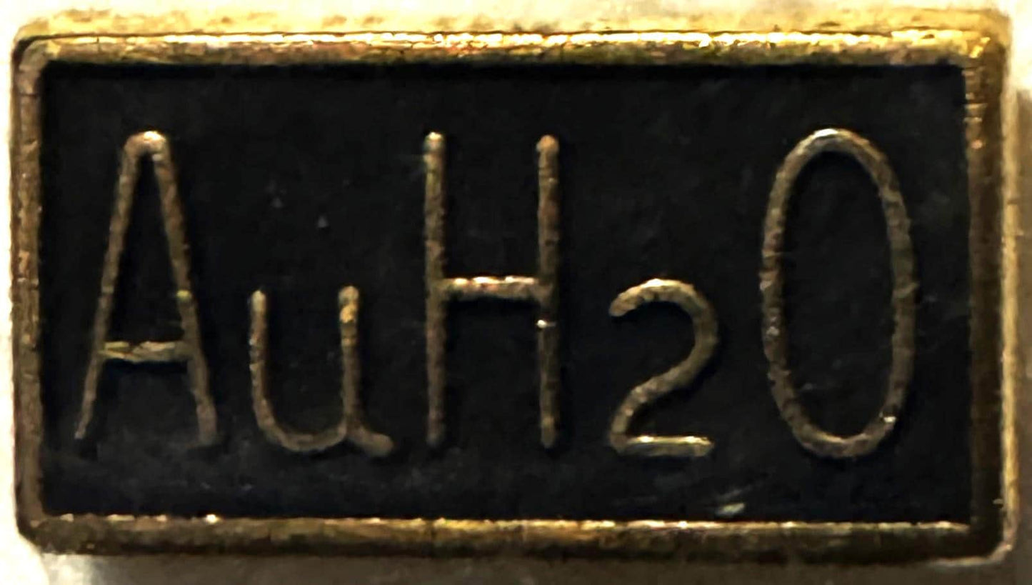 Close-up of embossed metal campaign pin showing "AuH2O" text on black background with gold-toned border and raised lettering