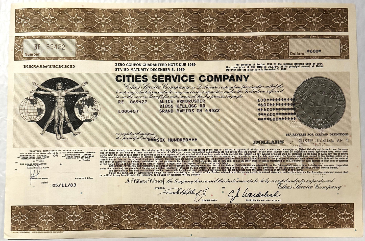 Vintage Cities Service Company stock certificate for $600, numbered RE 069422, featuring ornate borders and a classical