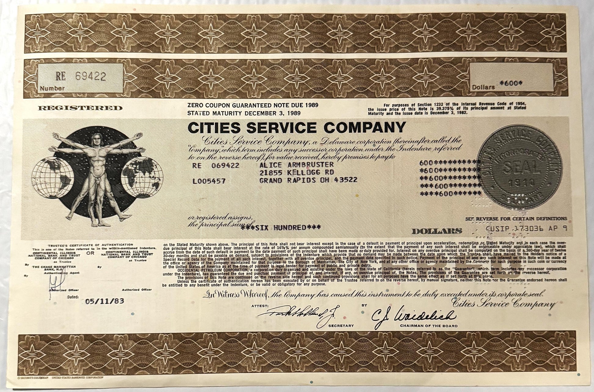 Vintage Cities Service Company stock certificate for $600, numbered RE 069422, featuring ornate borders and a classical