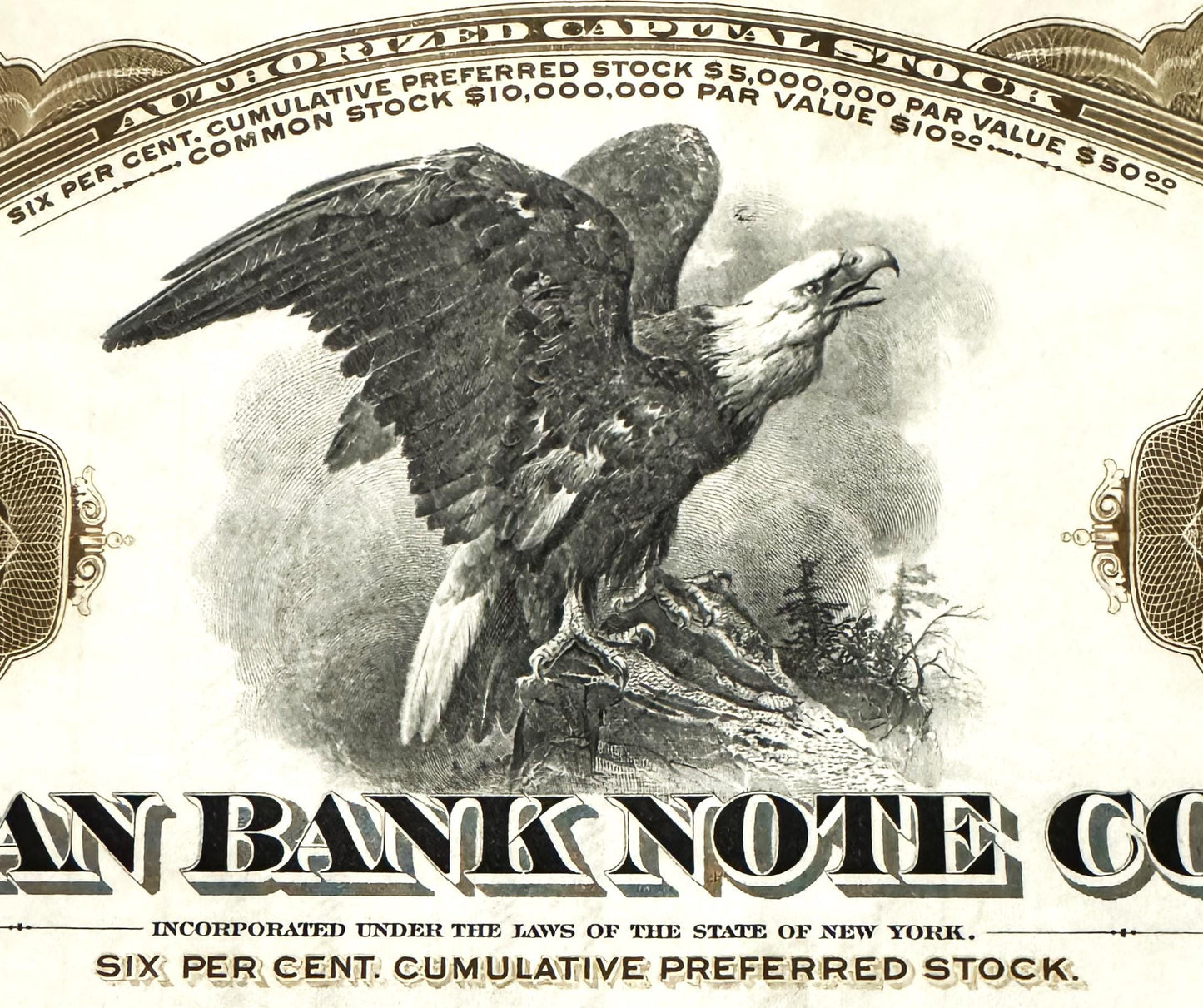 Antique bank stock certificate with engraved eagle vignette, ornamental borders, and text reading "American Bank Note Co" and