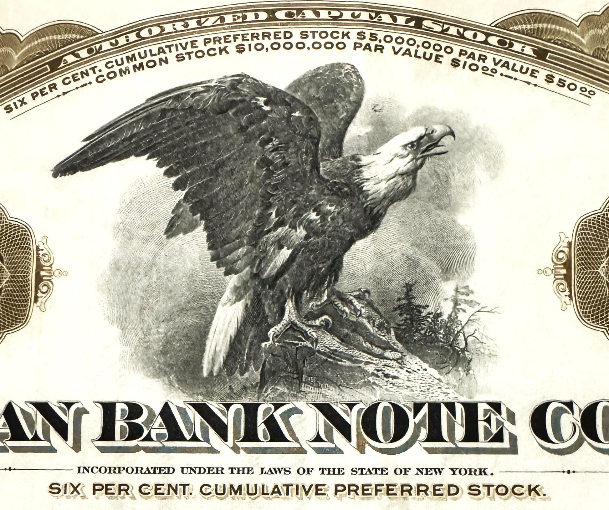 Antique bank stock certificate with engraved eagle vignette, ornamental borders, and text reading "American Bank Note Co" and