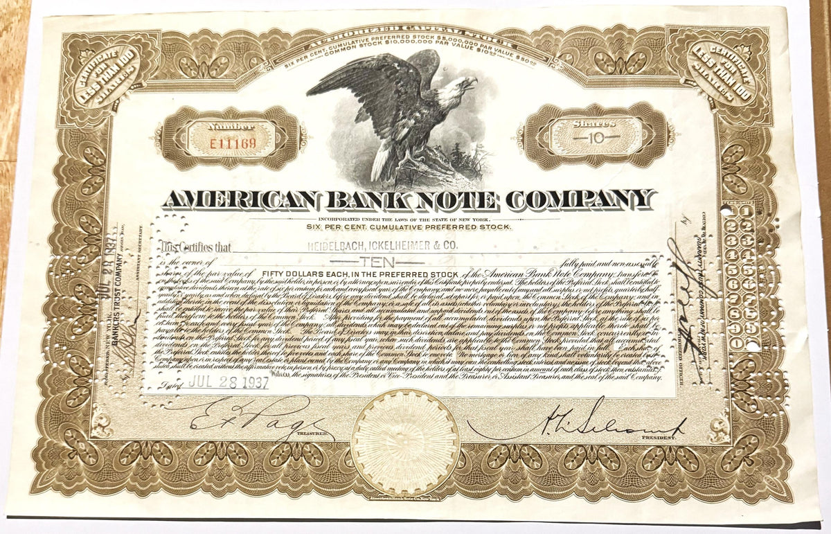 Vintage American Bank Note Company preferred stock certificate with brown ornamental border and central eagle vignette, dated