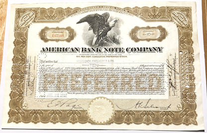 Vintage American Bank Note Company preferred stock certificate with brown ornamental border and central eagle vignette, dated