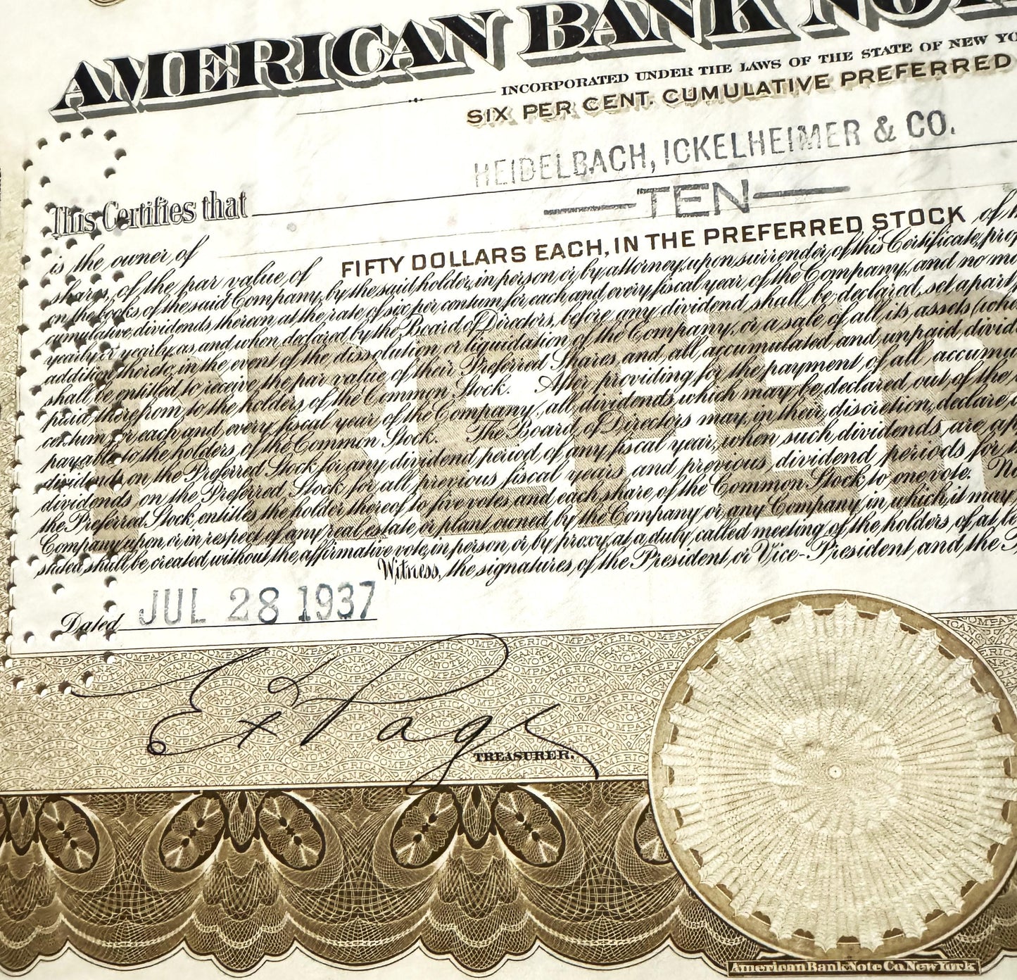 Vintage American Bank Note Company preferred stock certificate, with ornate brown engraving and a penny s