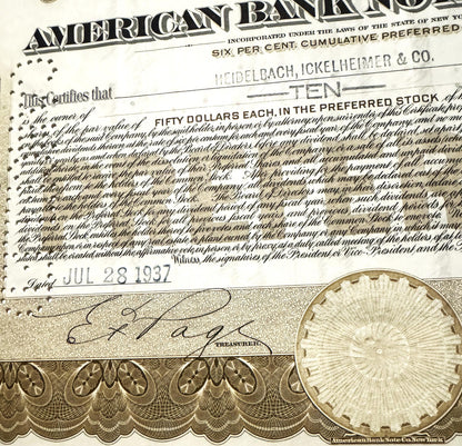 Vintage American Bank Note Company preferred stock certificate, with ornate brown engraving and a penny s