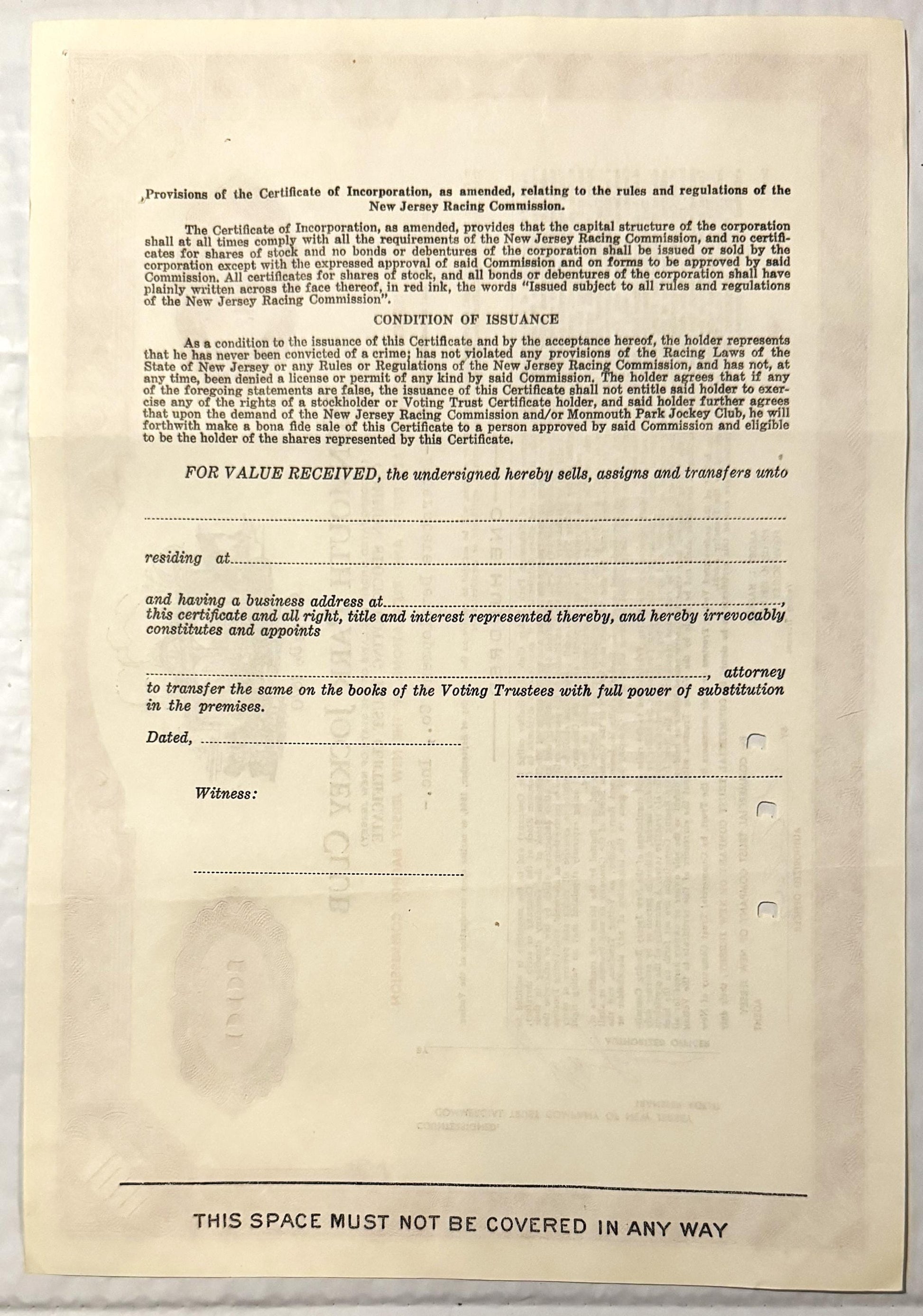 Blank vintage stock certificate form for Monmouth Park Jockey Club with printed text on cream paper, featuring condition of i