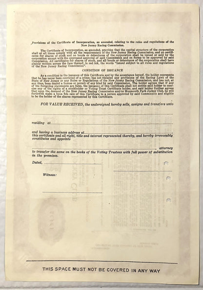 Blank vintage stock certificate form for Monmouth Park Jockey Club with printed text on cream paper, featuring condition of i