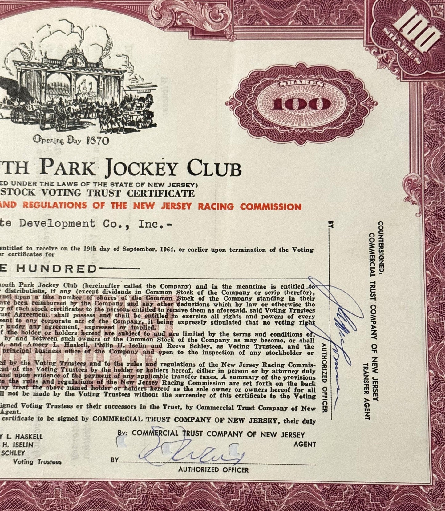 Vintage stock voting trust certificate from Monmouth Park Jockey Club dated 1964, printed in burgundy and cream with ornate b