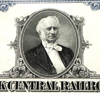 Engraved portrait of distinguished older man in formal black jacket and white bow tie within ornate oval frame, "CENTRAL RAIL