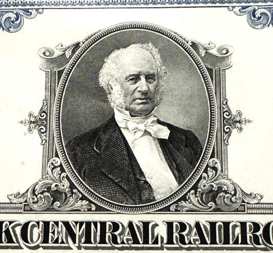 Vintage 1960s New York Central Railroad Stock Certificate 🚂 100 Shares Blue, Vanderbilt Portrait, Delaware Seal, Engraved Scripophily