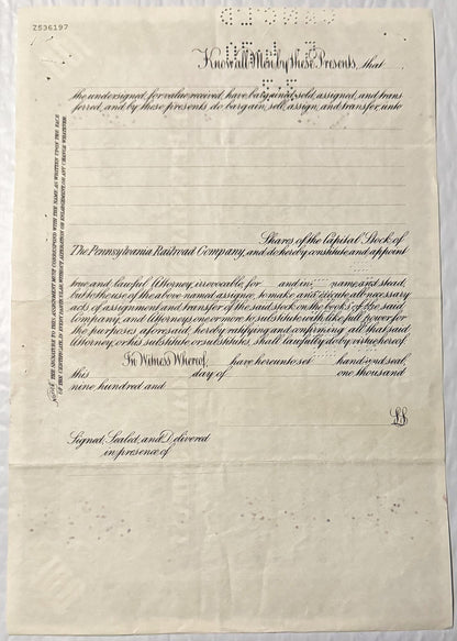 Cream-colored stock certificate form for Pennsylvania Railroad Company with ornate cursive headers and blank lines for detail
