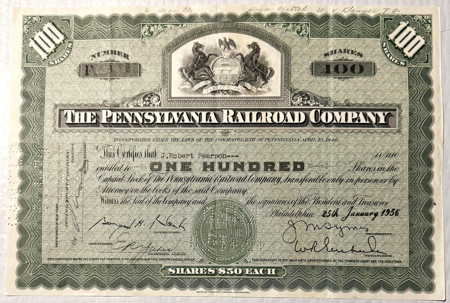 Vintage Pennsylvania Railroad Company stock certificate for 100 shares at $50 each, printed in black