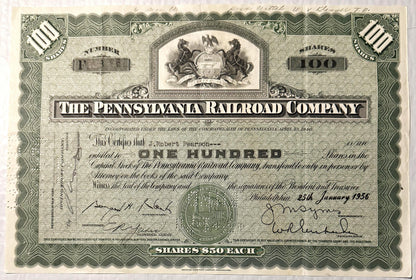 Vintage Pennsylvania Railroad Company stock certificate for 100 shares at $50 each, printed in black