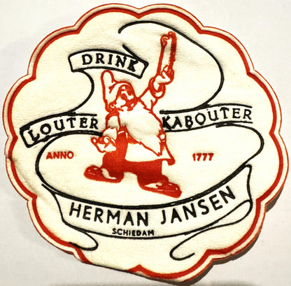 Vintage cloth coaster with red and cream scalloped edge, featuring red leprechaun illustration and text "Drink Louter Kaboute
