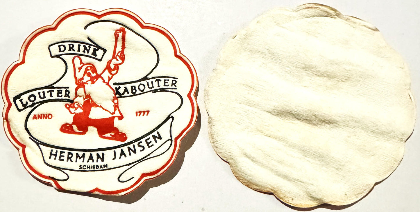 Two vintage cloth coasters with scalloped edges; front shows red and black "Drink Louter Kabouter" design with leprechaun fig