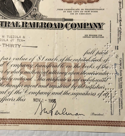 Vintage New York Central Railroad stock certificate with ornate brown border, president's signature, and cursive text on